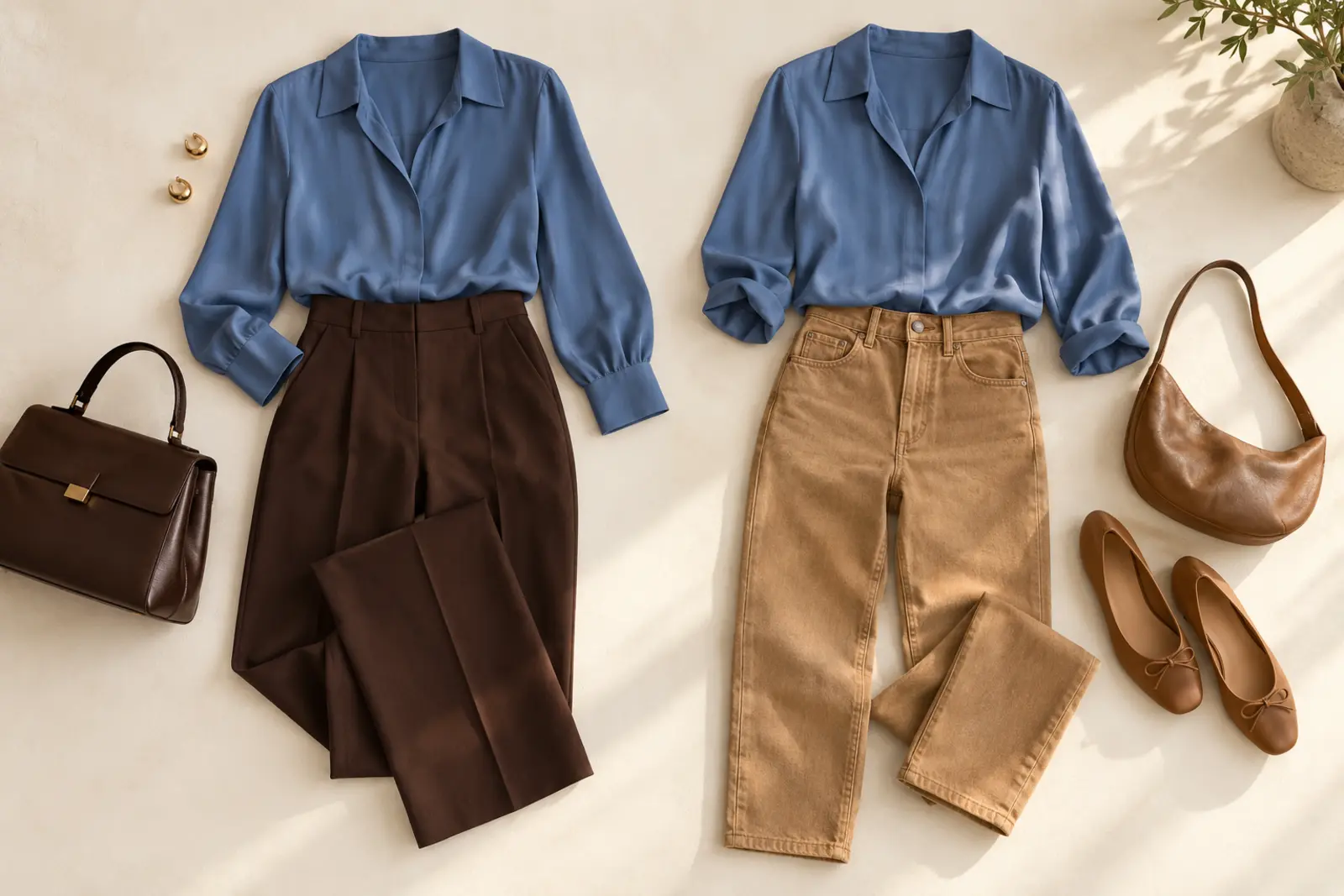 A mesma blusa azul aplicada em uma composição profissional e outra informal