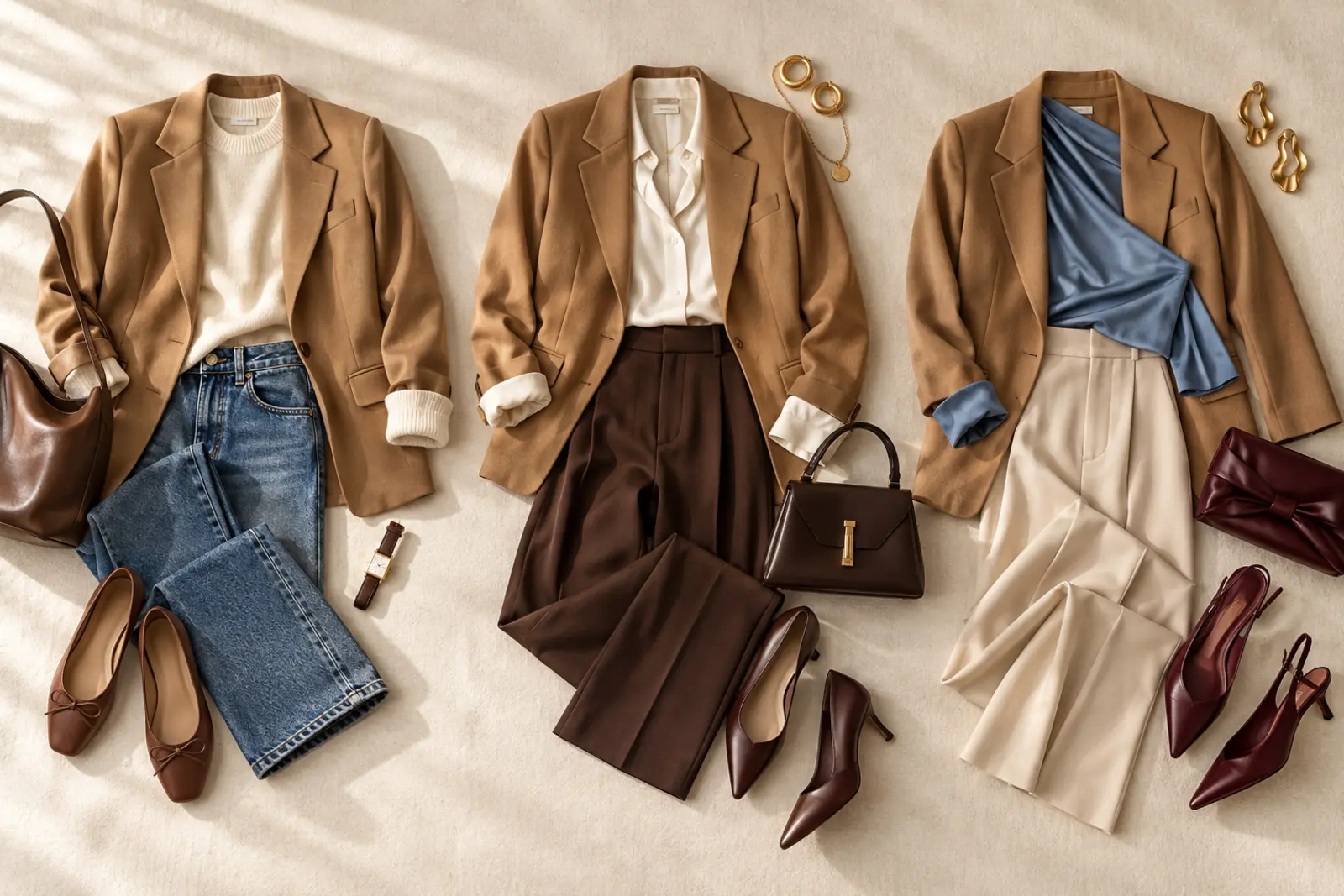 Blazer camel aparece em três combinações com linguagens visuais diferentes