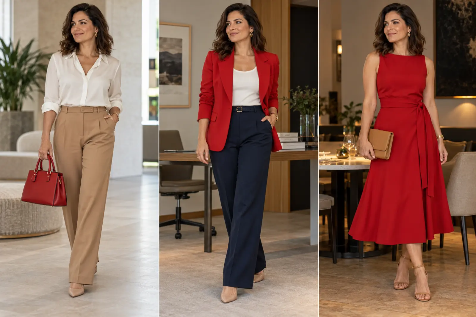 A mesma mulher usando vermelho como detalhe, peça de apoio e cor principal em três looks.